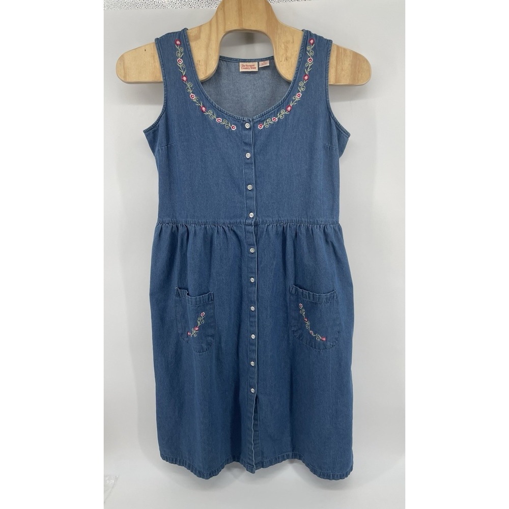 Vermont Country Store Denim Dress 2X Floral Embroidered Button Front Farmhouse